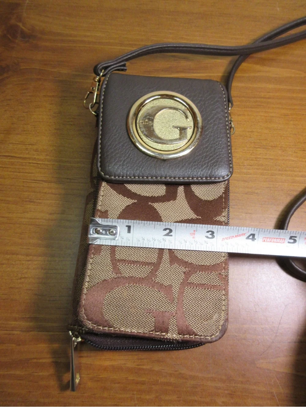 Brown Crossbody Phone Wallet with Gold Accent